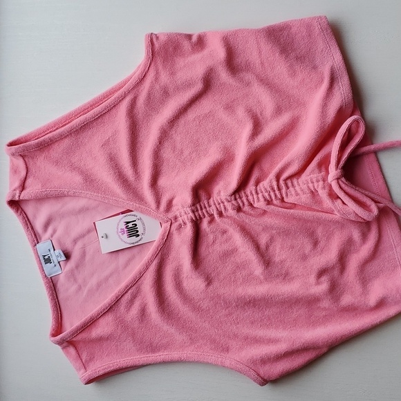 Juicy Couture Tops - Juicy Couture Pink Barbiecore Terrycloth Drawstring Crop Top XL NWT